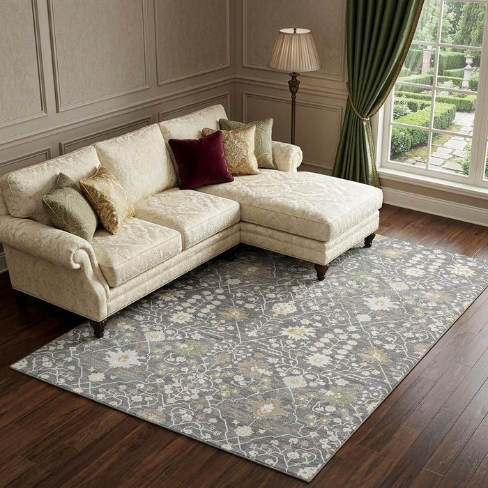 10' X 14' Oriental Washable Area Rug With UV Protection (679192) - Charcoal / Ivory / Gold