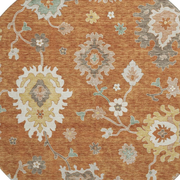 8' Floral Medallion Washable Round Rug With UV Protection - Rust