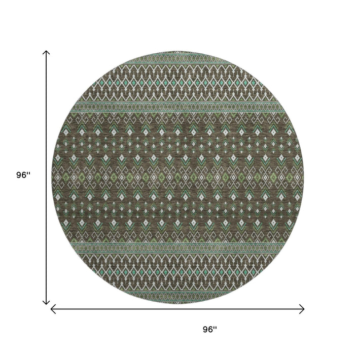 8' Tribal Washable Round Rug With UV Protection (657098) - Brown / Taupe