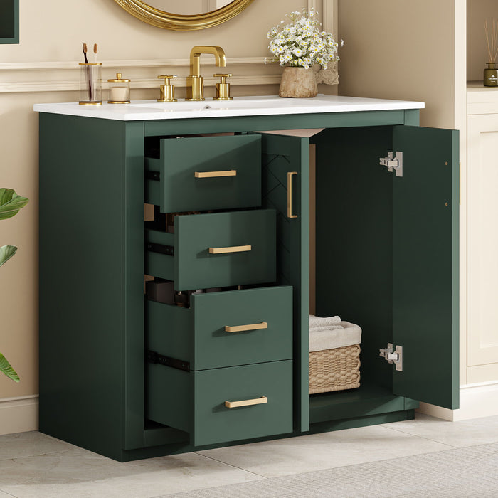 Giga bathroom vanity with sink, storage cabinet, three drawers, and soft-closing doors in a freestanding set.