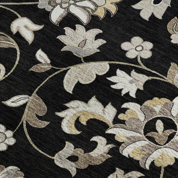 10' X 14' Floral Washable Area Rug With UV Protection (678964) - Black / Ivory / Beige