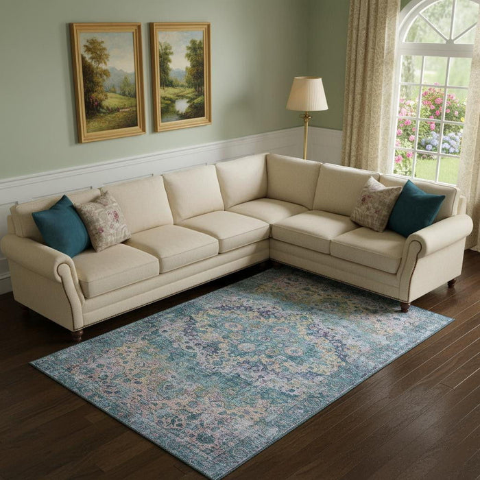 10' X 14' Oriental Washable Area Rug With UV Protection (700277) - Denim Blue / Beige / Wheat
