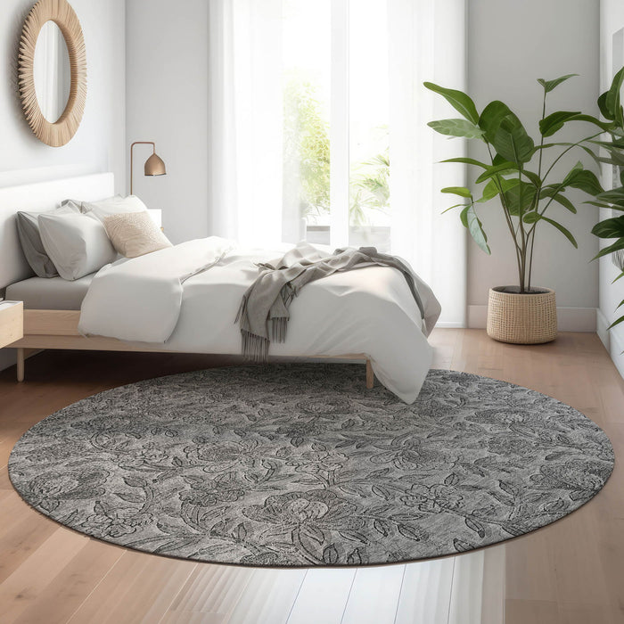 8' Floral Washable Round Rug With UV Protection - Gray And Charcoal