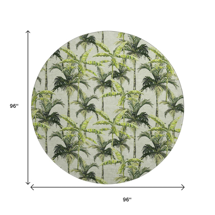 8' Geometric Washable Round Rug With UV Protection (646364) - Green / Ivory / Charcoal