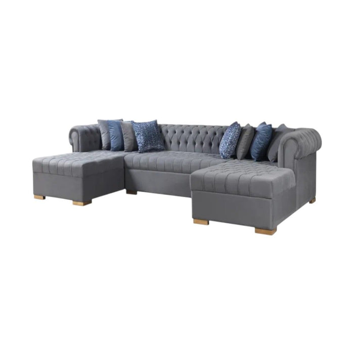 Velvet U Shaped Three Piece Sofa Chaise Sectional With Toss Pillows - Gray