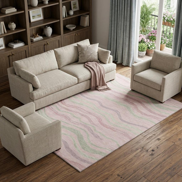 10' X 14' Striped Washable Area Rug With UV Protection (694580) - Pink / Ivory / Mint Green