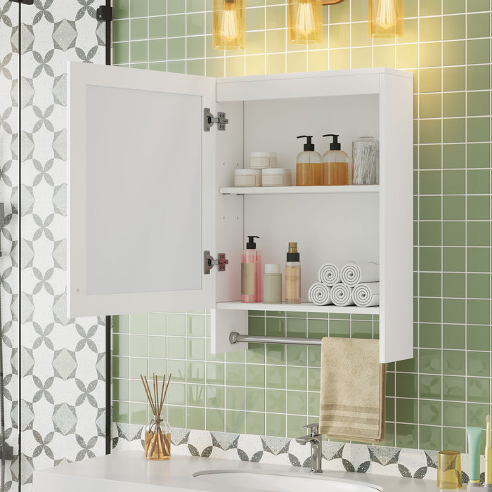 Giga 3-in-1 wall-mounted bathroom mirror cabinet with adjustable shelf, soft-close door, mirror, and towel bar in white.