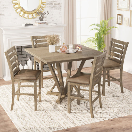 Giga 5-piece dining room set with square solid wood tables in distressed grayish brown, modern farmhouse rustic style