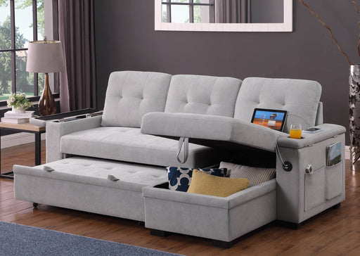 Giga Ashlyn II reversible sleeper sectional sofa with woven fabric, storage chaise, and convertible design in a modern living room setting.