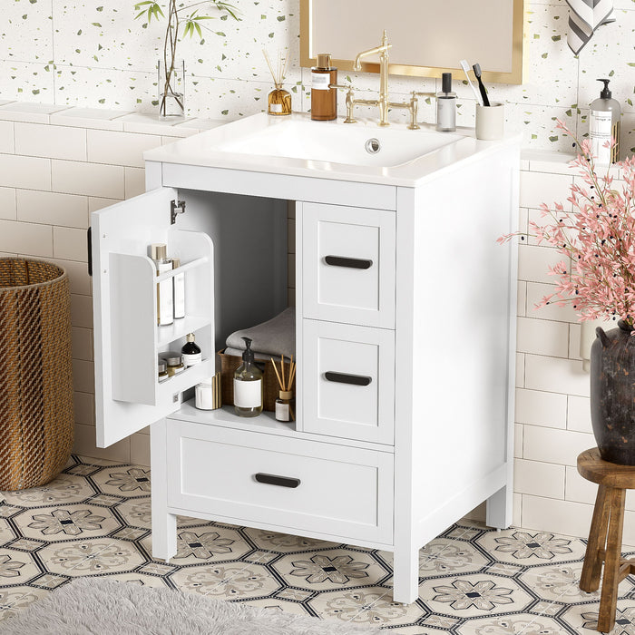 Giga bathroom vanity with sink, soft-close doors, double-layer shelf, and three drawers, modern wood finish for stylish storage.