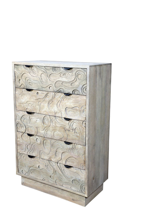 35" Carved Abstract Solid Wood Five Drawer Dresser - White