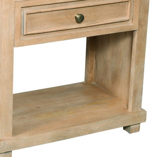 Beige 28-inch solid wood distressed accent nightstand with one drawer and tapered legs, by HomeRoots.