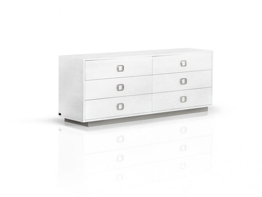 White solid wood six-drawer dresser by HomeRoots with sleek, modern design and sturdy construction, shown in a clean, minimalist setting.