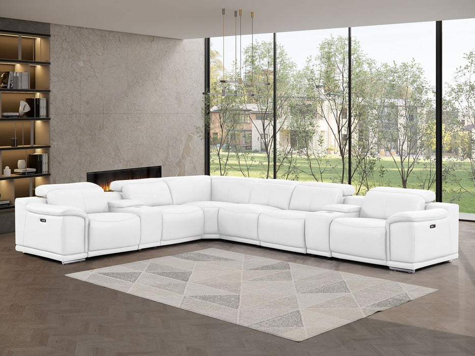 White leather modular L-shaped sectional with eight pieces and built-in console, designed for reclining comfort by HomeRoots.
