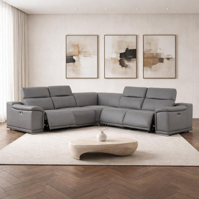 HomeRoots leather modular L-shaped sectional in battleship gray with reclining seats, five-piece corner design for modern living room.