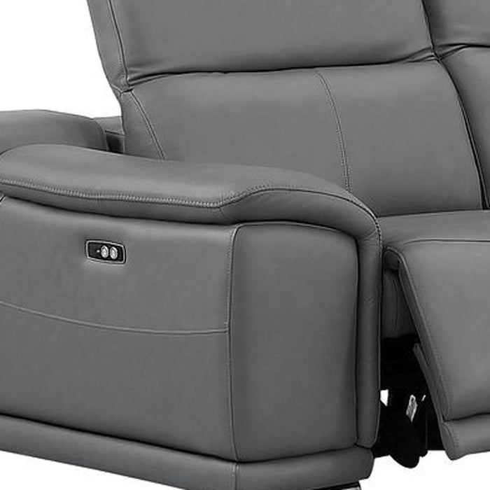 HomeRoots leather modular L-shaped corner sectional in battleship gray with reclining features, five-piece design for versatile seating.