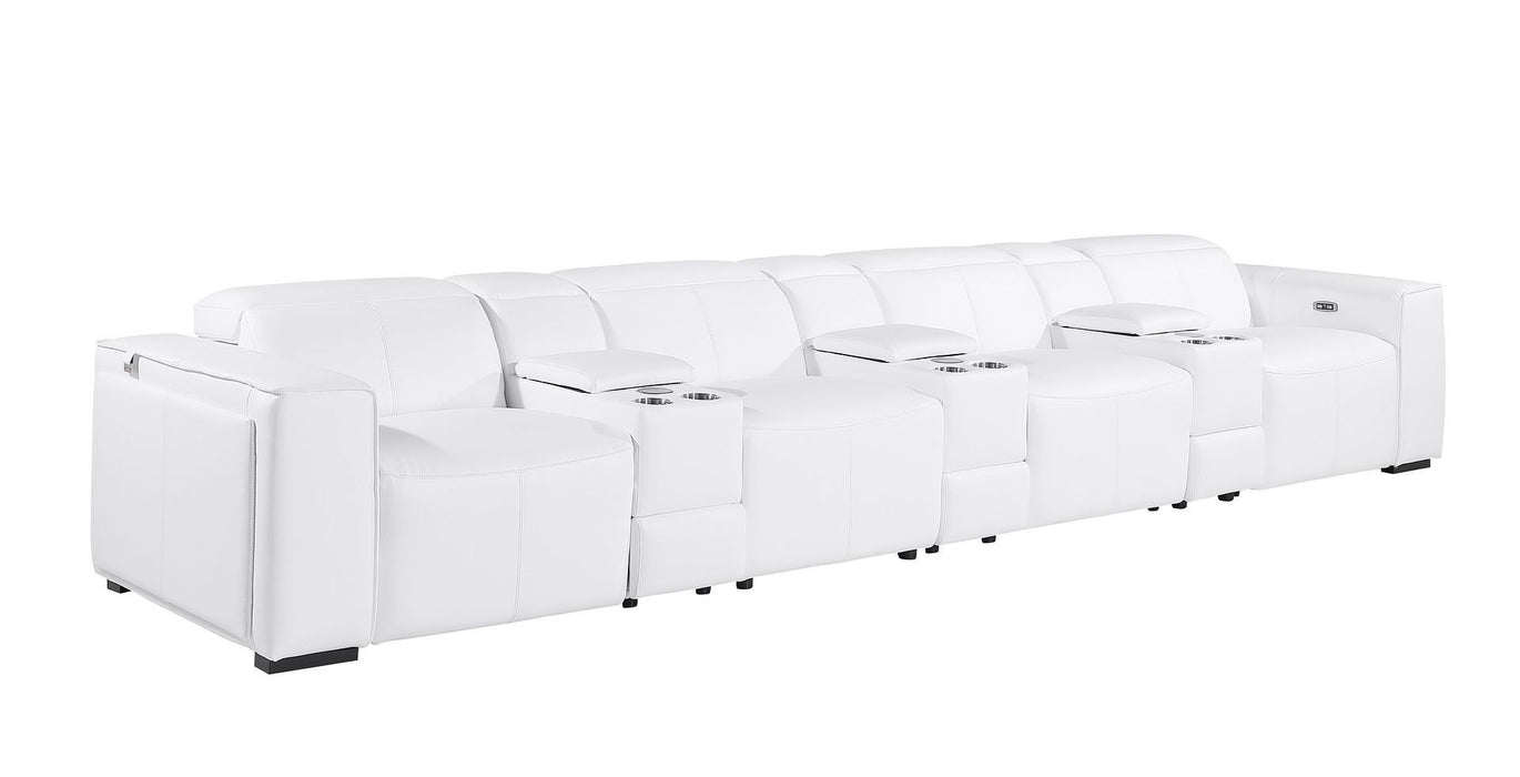 White Top Grain Leather Reclining Metal USB Sofa by HomeRoots, showing plush upholstery and reclining mechanism with built-in USB ports.