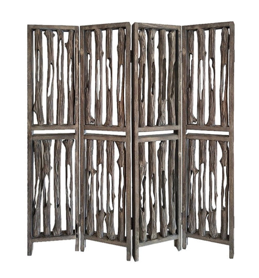 HomeRoots brown wood folding four-panel room divider, showcasing a stylish and functional room partition with a natural finish.