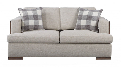 Beige and brown linen loveseat by HomeRoots, a stationary loveseat with plush cushions and a stylish, cozy design.