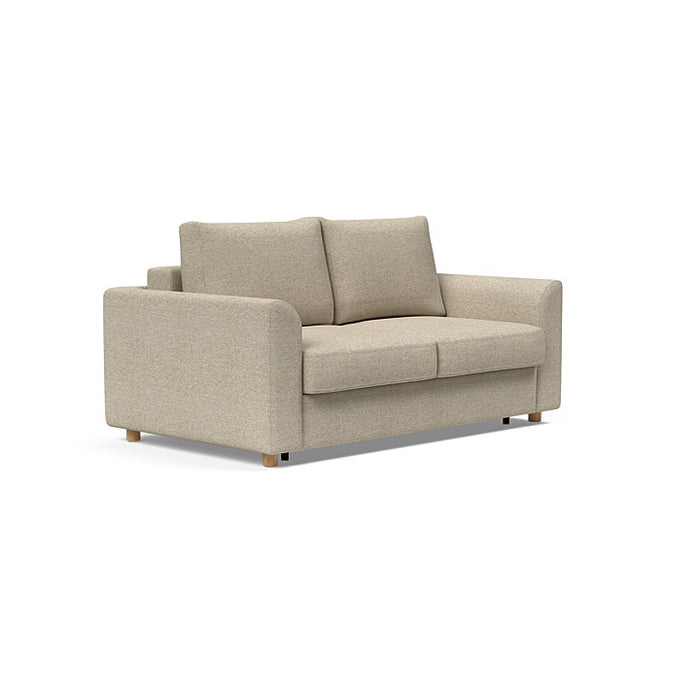 Innovation Living Neah full-size sofa bed with curved arms, modern design, upholstered in light fabric, with sleek metal legs.
