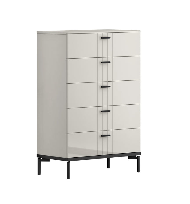 J & M Furniture Bella Chest accent chest with a sleek wood finish and modern design, featuring multiple storage drawers.