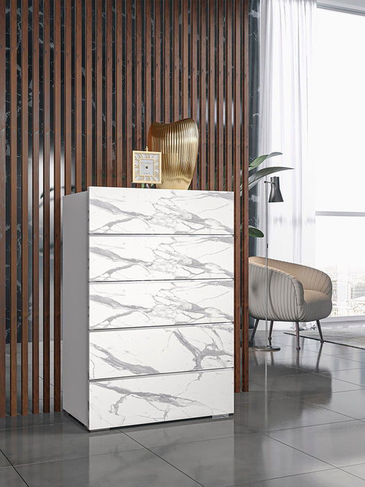White and grey J & M Furniture Nina accent chest with sleek drawers, modern design, and stylish storage for living spaces.
