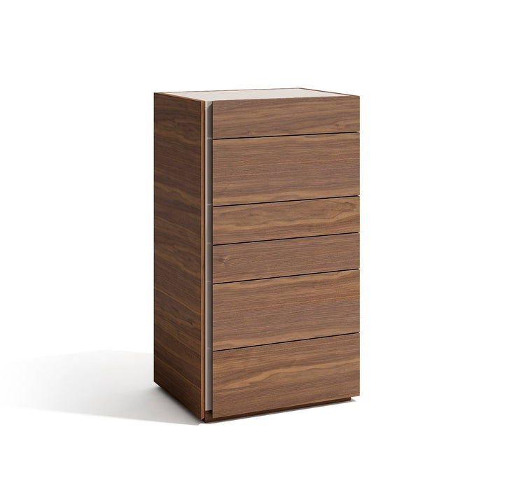 Walnut J & M Furniture Porto Accent Chest with sleek design and storage drawers, ideal for living room or bedroom decor.