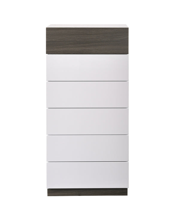 White and walnut J & M Furniture Sanremo accent chest with sleek design and storage drawers, showcasing modern living furniture.