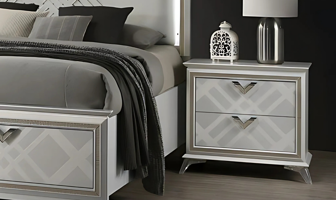 Silver J & M Furniture Brickfield accent nightstand with two drawers and wooden finish, modern bedroom furniture piece.