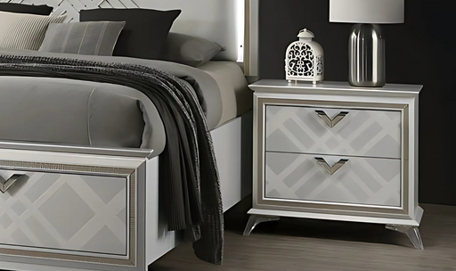 Silver J & M Furniture Brickfield accent nightstand with two drawers and wooden finish, modern bedroom furniture piece.