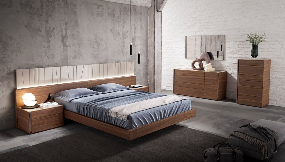 Walnut Porto right-facing night stand by J & M Furniture, accent nightstand with sleek modern design and storage drawer.