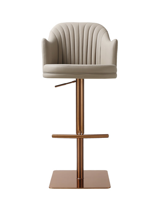 Beige J & M Furniture K C418A-58 barstool with a modern design, featuring a padded seat and sleek metal legs.