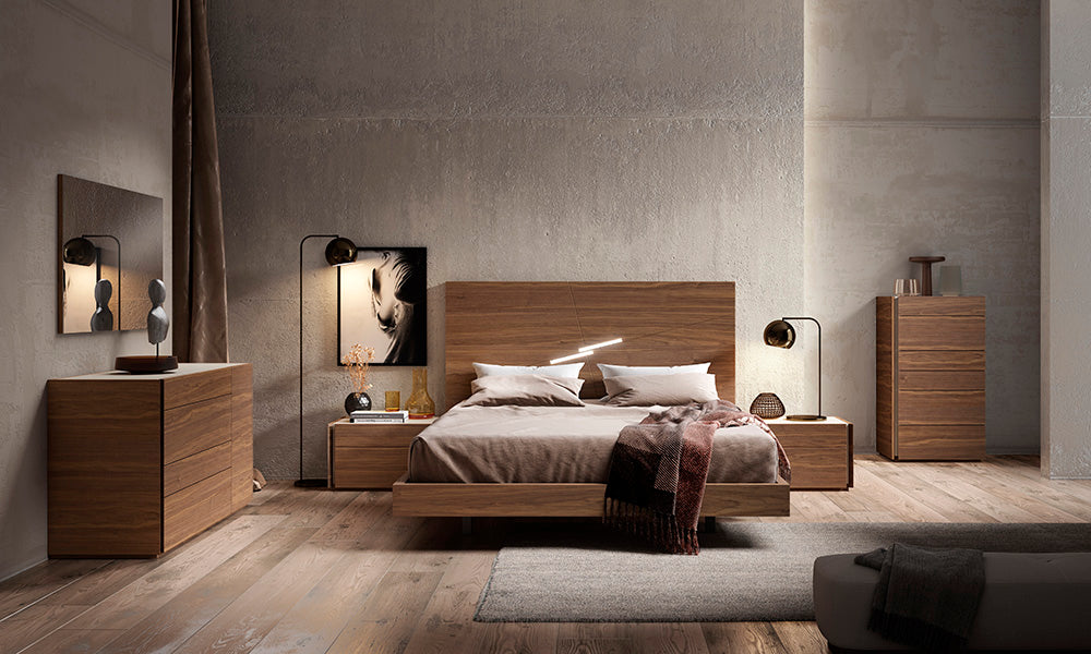 Walnut J & M Furniture Faro queen size bed with sleek headboard and sturdy frame, showcasing a modern bedroom design.