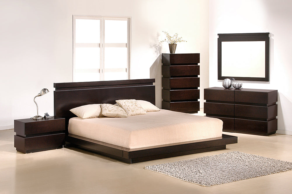 J & M Furniture Knotch Queen Size Bed with upholstered headboard and wooden frame, shown in a modern bedroom setting.