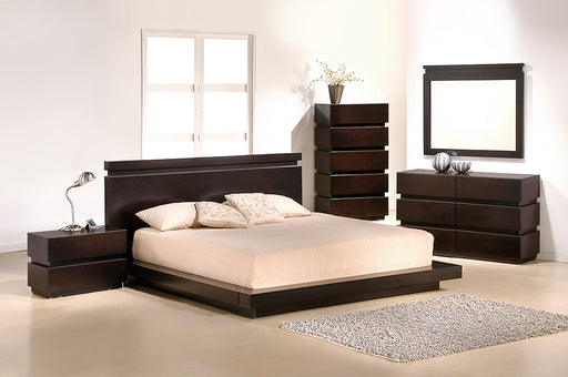 J & M Furniture Knotch Queen Size Bed with upholstered headboard and wooden frame, shown in a modern bedroom setting.