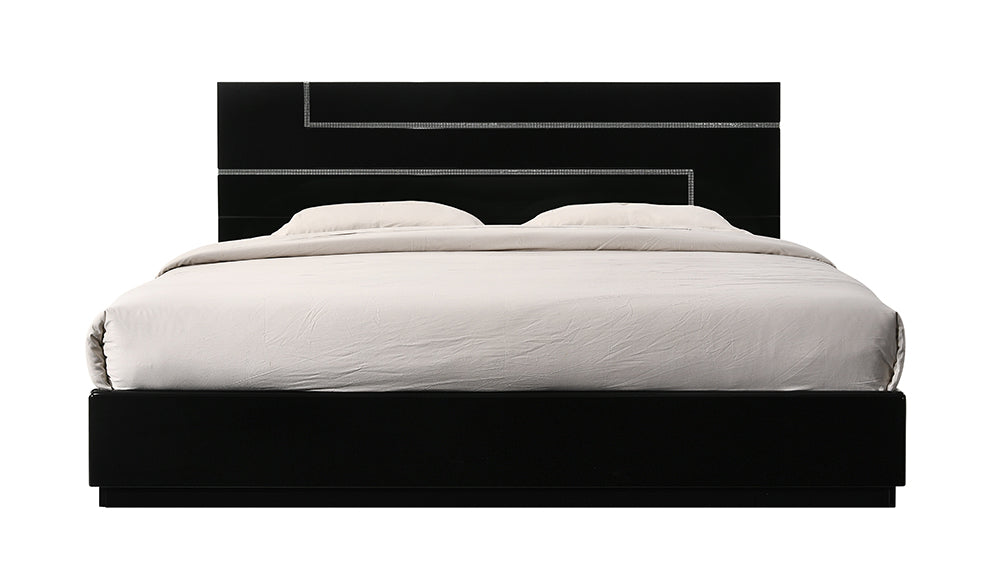 J & M Furniture Lucca full size bed with wooden frame and headboard, shown in a modern bedroom setting.