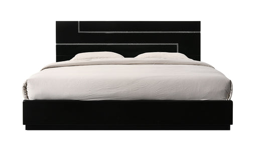 J & M Furniture Lucca full size bed with wooden frame and headboard, shown in a modern bedroom setting.