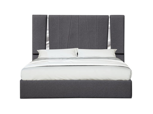 J & M Furniture Matisse King Bed in charcoal with sleek upholstered headboard and modern design, shown in a well-lit bedroom setting.