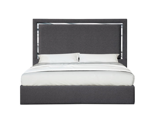 J & M Furniture Monet Queen Bed in Charcoal with upholstered headboard and sleek modern frame, stylish bedroom furniture.