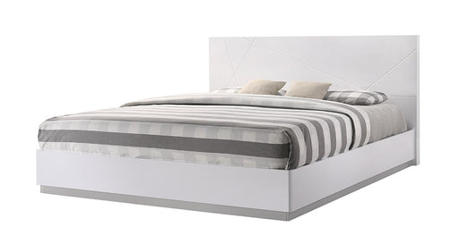 White J & M Furniture Naples queen size bed with a modern design and sturdy frame, perfect for a stylish bedroom setting.