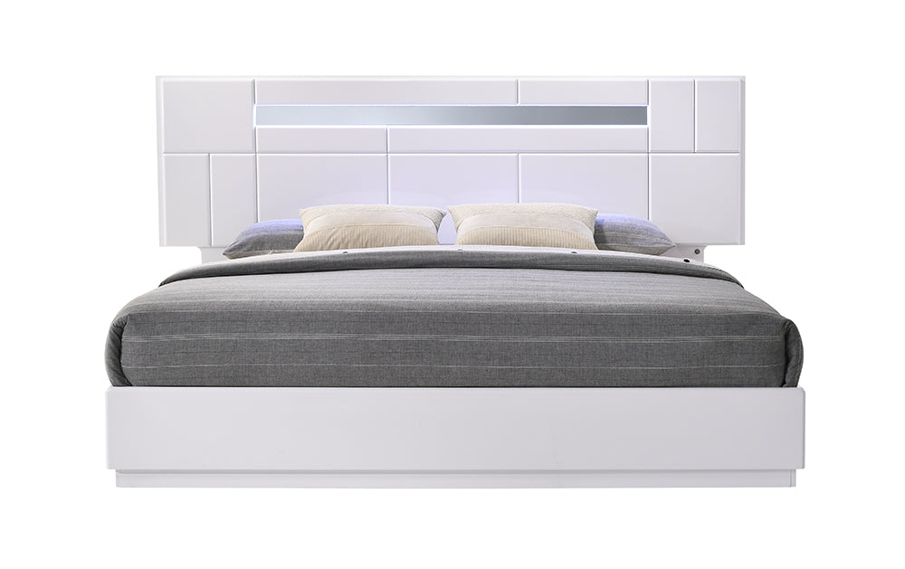 White Palermo king size bed by J & M Furniture with a modern design and sturdy wooden frame.