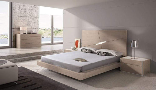 J & M Furniture Evora Bed with wooden frame and upholstered headboard in a modern bedroom setting