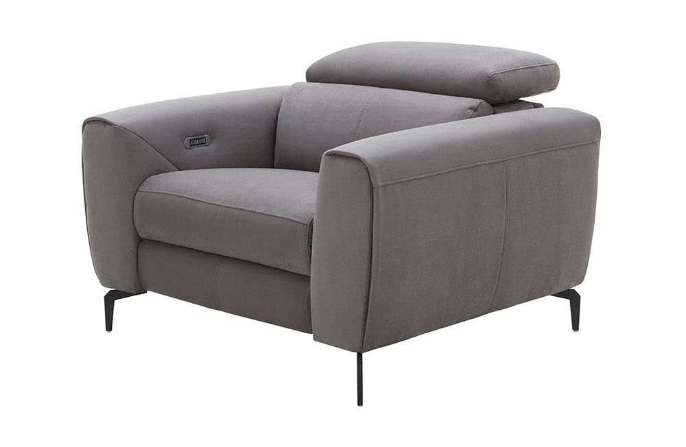Grey J & M Furniture Lorenzo chair from a chair set, showcasing a modern design with plush upholstery and wooden legs.