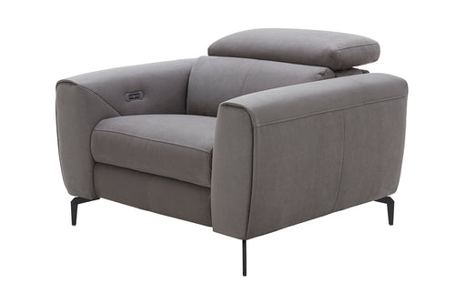 Grey J & M Furniture Lorenzo chair from a chair set, showcasing a modern design with plush upholstery and wooden legs.