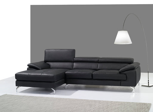 Black Italian leather mini sectional chaise by J & M Furniture, left-facing design with sleek, modern style.