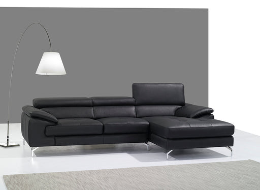Black Italian leather mini sectional with right-facing chaise by J & M Furniture, showcasing plush upholstery and modern design.