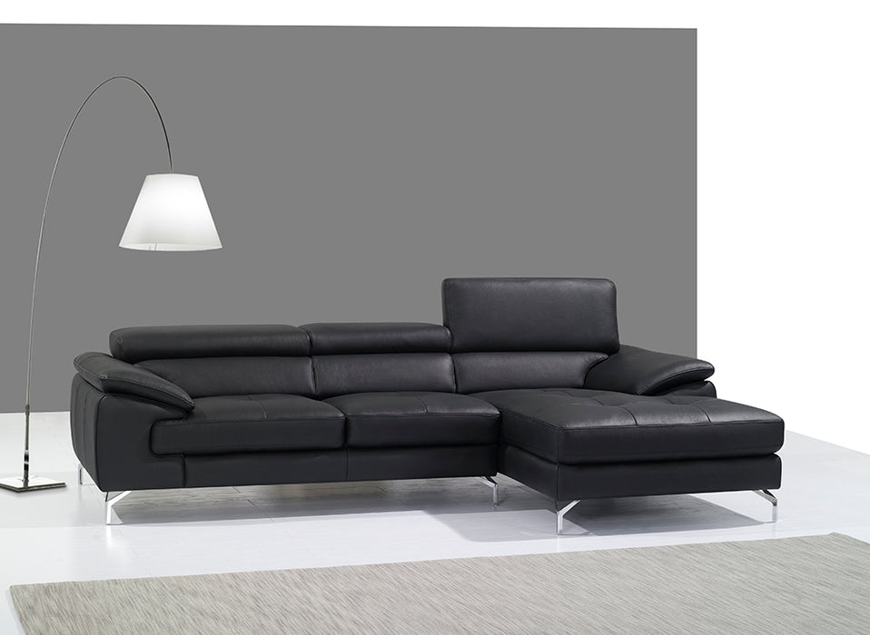 Black Italian leather mini sectional with right-facing chaise by J & M Furniture, showcasing plush upholstery and modern design.