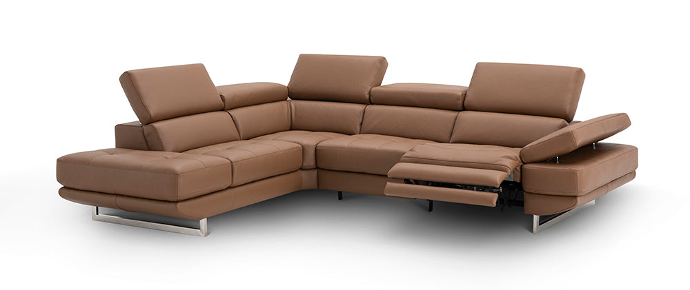 Caramel-colored J & M Furniture Annalaise LHF chaise lounge with plush upholstery and modern design, shown from a side angle.