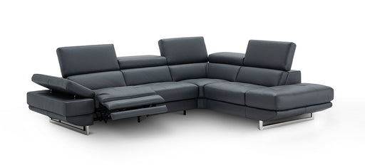Blue grey Annalaise RHF chaise by J & M Furniture showing plush upholstery and sleek modern design.