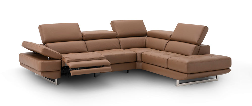 Caramel J & M Furniture Annalaise RHF chaise lounge with plush fabric and modern design, shown from a side angle.